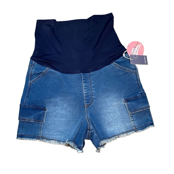 Indigo Rising Maternity Over Belly Blue Denim Jean Shorts Women’s Size: Large - Picture 1 of 5